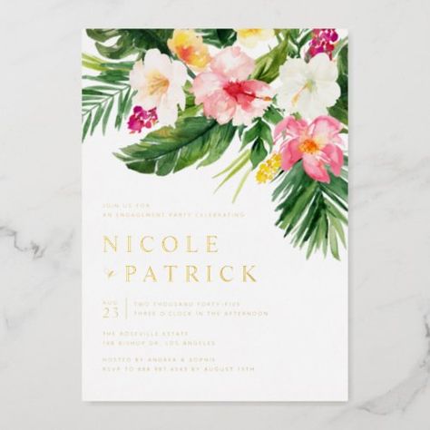 $3.75 | Greenery and Flowers Tropical Engagement Party #hibiscus, watercolor, botanical, palm leaves, engagement party, engagement party invitation, tropical engagement party invitation, tropical engagement, gold foil engagement party, gold foil engagement party invitation Tropical Engagement Party, Beach Party Invitations, Invitation Etiquette, Tropical Invitations, Retro Wedding Invitations, Flowers Tropical, Gold Foil Wedding Invitations, Foil Pressed Wedding Invitations, Tropical Wedding Invitations