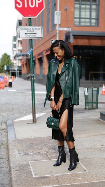 Shannah • Style Influencer on Instagram: "This Fall, @saksoff5th has me covered for date nights. My go to pieces this season are a ⁣ ⁣ ✔️ Slip dress (of course)⁣ ✔️ Moto jacket⁣ ✔️ Ankle boots and a ⁣ ✔️ Flap handbag ⁣ ⁣ It’s giving effortless and classy! ⁣ ⁣ #OFF5THOnYou #SaksOff5th #ad" Slip Dress And Boots Outfit, Slip Dress Leather Jacket Outfit, Satin Dress With Boots, Dress With Ankle Boots, Velvet Dresses Outfit, Date Nights, Classy Casual, Influencers Fashion, Boots Outfit