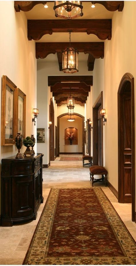 Spanish Mediterranean Kitchen Dark Wood, Backdoor Entrance Ideas, Spanish Hallway Ideas, Colonial Rustic Decor, Spanish Hacienda Interior, Dark Colonial Interior, Colonial Doors Interior, Spanish Italian Style Homes Interior, Spanish Style Entrance