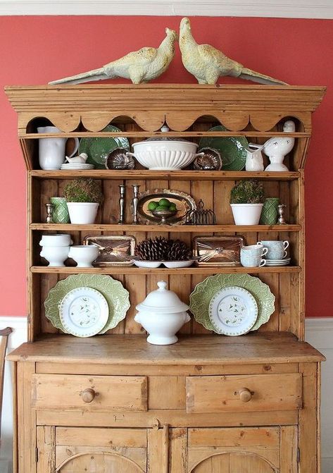 how to styling shelves, home decor, shelving ideas Dresser Organization Ideas, Hutch Styling, Hutch Decor, Kitchen Hutch, Styling Shelves, Dining Room Hutch, Welsh Dresser, Bookcase Styling, Bookcase Decor