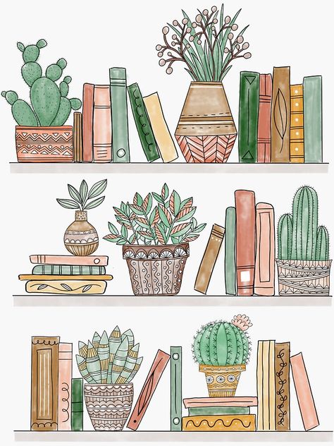 Succulents Art, Books And Plants, Painted Bookshelves, Plant Doodle, Bookshelf Art, Plant Art Print, Succulent Art, Library Art, Plant Drawing