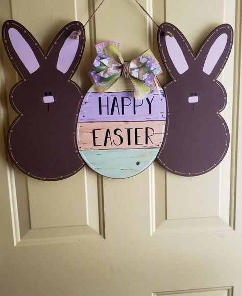 Chocolate Bunny Decor, Chocolate Bunnies, Valentines Door Hanger, Happy Easter Sign, Easter Door Decor, Christmas Door Decoration, Elf Decorations, Easter Door Hanger, Holiday Hostess Gifts