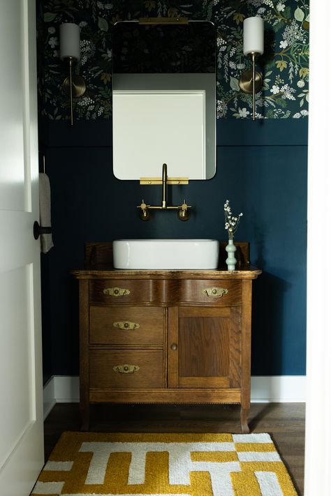 Dark Blue Room Wallpaper, Navy Blue Bathroom With Wallpaper, Navy Floral Wallpaper Bathroom, Dark Blue Wallpaper Bathroom, Blue Vanity Wallpaper, Gold And Dark Blue Bathroom, Half Bath Dark Wallpaper, Dark Blue Bathroom Wallpaper, Navy Vintage Bathroom