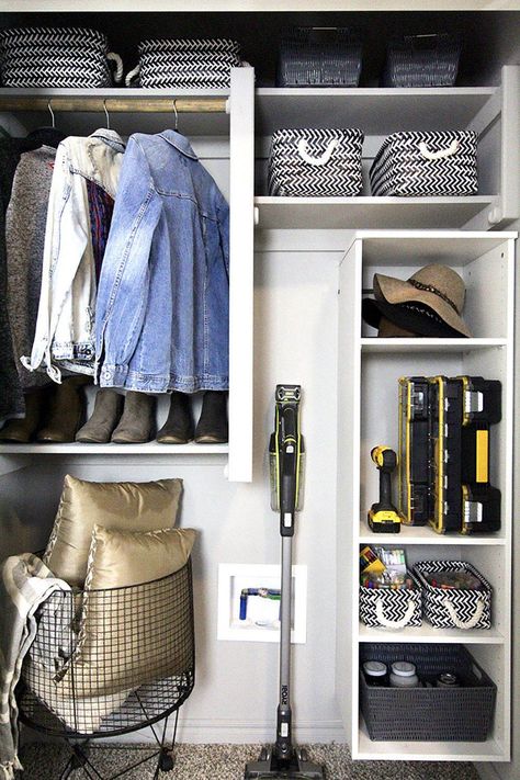 Hall Closet Organization, Hallway Cupboards, House Closet, Front Closet, Coat Closet Organization, Closet Clutter, Entry Closet, Utility Closet, Mudroom Organization