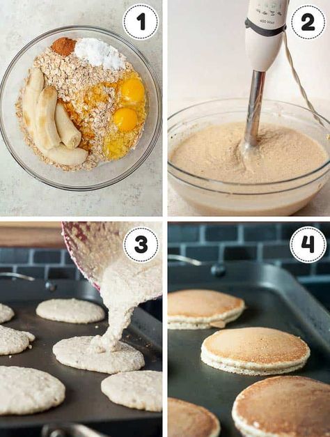 Fluffy Flourless Pancakes mix up quickly in a blender, have a tender, light banana oatmeal texture, and are healthy, naturally gluten free recipe. #banana #oatmeal #healthy #flourless #pancakes Flourless Banana Pancakes, Flourless Pancakes, Makanan Rendah Kalori, Banana Oatmeal Pancakes, Parmesan Recipe, Crockpot Healthy, Resep Diet, Oatmeal Pancakes, Makanan Diet