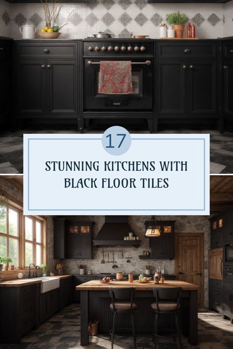 This pin showcases 2 images of beautiful kitchens featuring black floor tiles. The first image highlights a charming kitchen with a checkered pattern, while the second one displays a cozy rustic kitchen with wooden accents. Black Metro Tiles Kitchen, Slate Tile In Kitchen, Black Floor In Kitchen, Kitchen With Black Flooring, Black Cabinet Backsplash Ideas, Black Ceiling Kitchen Ideas, Black Tiles Kitchen Floor, Kitchen With Dark Tile Floors, Black Cabinets Backsplash Ideas