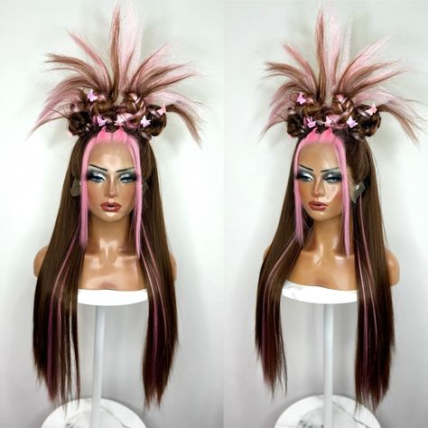 Y2k Space Buns, Y2k Space, Wigs Design, High Fashion Hair, Drag Wigs, Y2k Hair, Space Buns, Wig Store, Pink Y2k