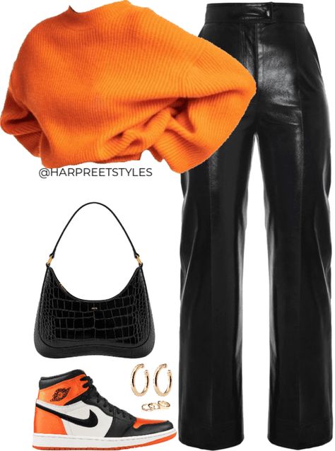 Combination With Black, Sweater Nike, Midi Ring Set, Orange Sweater, Winter Fashion Outfits Casual, Black Leather Pants, Jordan Sneakers, Cute Comfy Outfits, Outfit Shoplook