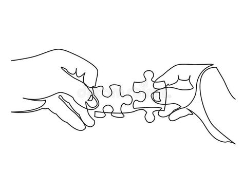 Continuous line drawing of hands solving jigsaw puzzle royalty free illustration Line Art Hands, Line Drawing Images, Puzzle Drawing, Art Abstrait Ligne, Arte Doodle, Arte 8 Bits, Single Line Drawing, One Line Drawing, Continuous Line Drawing