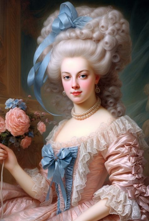 Marie Antoinette Aesthetic Wallpaper, Marie Antoinette Painting, Marie Antoinette Makeup, Bridgerton Brunch, Royal Portraits Painting, Marie Antoinette Aesthetic, Madame Pompadour, 18th Century Dresses, Victorian Era Dresses