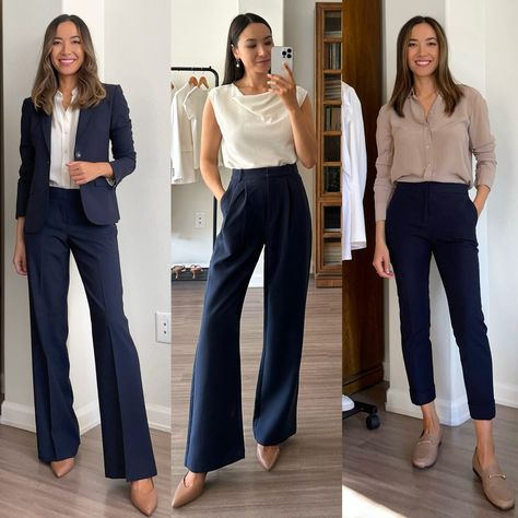 Blue Business Outfits Women, Navy Office Outfits Women, Navy Pant Work Outfit Women, Outfit With Blue Trousers, Navy Blue Formal Pants Women, Work Outfits With Blue Pants, Navy Dress Pant Outfit Women, Navy Blue Office Outfit, Navy Blue Blazer Work Outfit