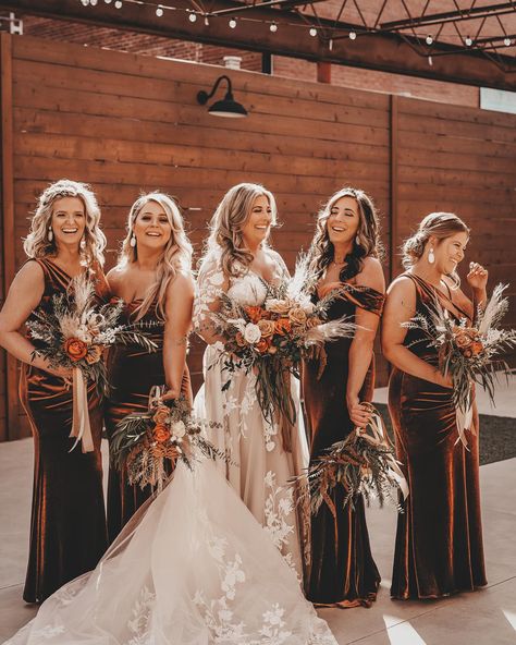 Velvet Tan Bridesmaid Dresses, Burnt Orange And Brown Bridesmaid Dresses, Copper Brown Bridesmaids Dresses, Brown Boho Bridesmaid Dresses, Fall Wedding Inspo Bridesmaid Dress, Fall Velvet Wedding, Burnt Orange Velvet Bridesmaid Dress, Fall Boho Wedding Party Attire, Fall Western Wedding Bridesmaid Dress With Boots