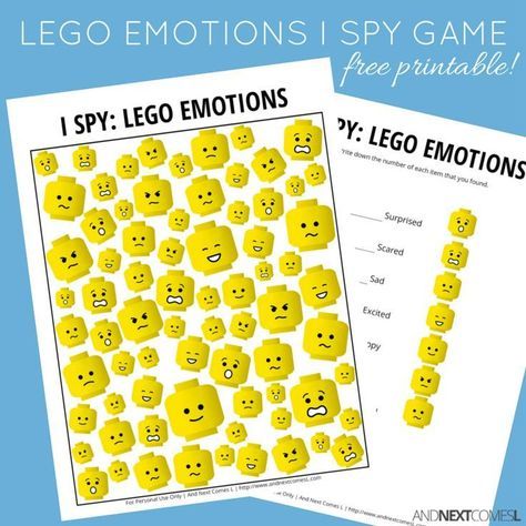 Free printable LEGO emotions themed I Spy game for kids from And Next Comes L Social Games For Kids, Lego Emotions, Lego Therapy, Visual Sensory, Spy Games For Kids, Printable Lego, Sensory Input, Emotions Activities, I Spy Games