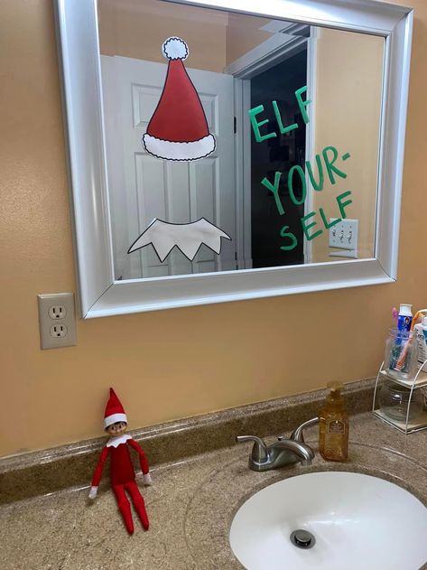 Elf Selfie Bathroom Mirror, Elf Bathroom Mirror Ideas, Elf On The Shelf Ideas Mirror, Elf On Shelf Mirror Ideas, Elf Sink Ideas, Elf Mirror Messages, Mirror Elf On The Shelf Ideas, Elf On The Shelf Window Painting, Selfie Elf On The Shelf