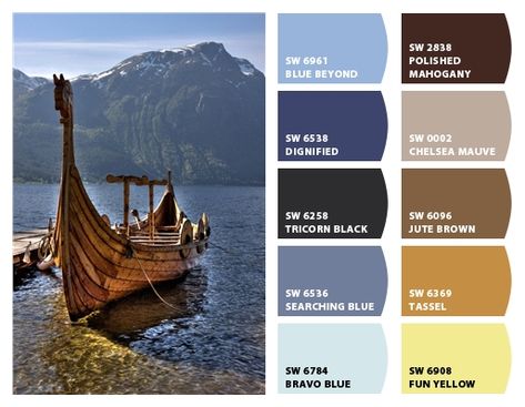 Norwegian Viking Boat Inspiration for exterior home color palette and landscaping Chip It! by Sherwin-Williams – Home Boat Color Palette, Nordic Houses, Norwegian House, Coastal Color Palette, Mountain Interiors, Seeds Color, Design Palette, Paint Color Palettes, Home Decor Color