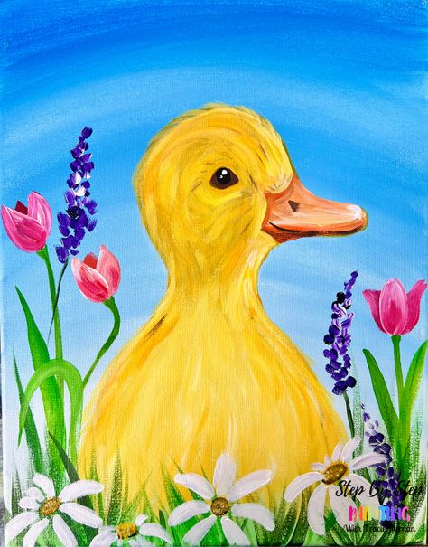 Step By Step Easter Painting, Spring Canvas Painting Ideas, Paint N Sip Ideas, Paint And Sip Ideas Step By Step, Easter Paintings On Canvas, Spring Painting Ideas On Canvas, Tracie Kiernan, Nursery Painting, Class Inspiration