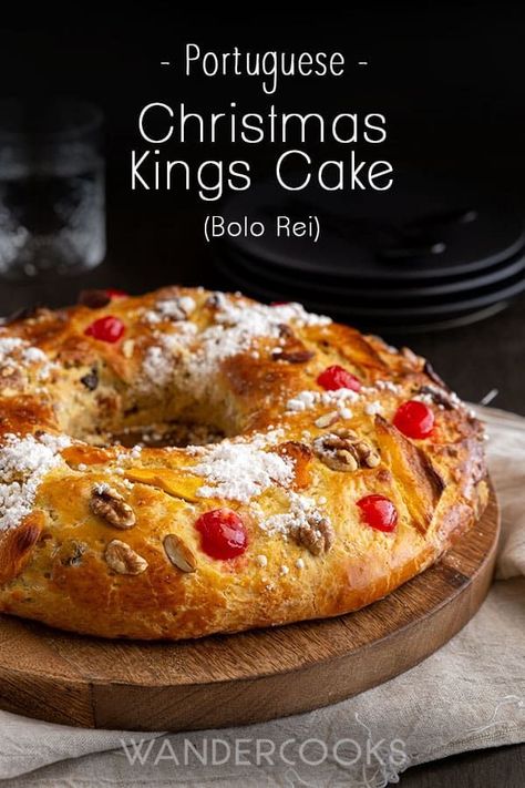 Hailing from Portugal, Bolo Rei or Portuguese Kings Cake, is a light and fluffy traditional Christmas cake filled with fruit and nuts. Super easy to bake at home, get ready to make your Kings Cake “crown” this holiday season! Kings Cake Recipe Traditional, Portuguese Christmas Recipes, Portuguese Christmas, Kings Cake, Holiday Recipes Christmas Desserts, Portuguese Foods, Traditional Christmas Cake, Christmas Main Dishes, King Cake Recipe