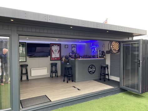 Garden Man Caves | Bakers Garden Buildings Garden Sports Bar, Summer House Lighting Ideas, Garden Games Room And Bar, Garden Bar Ideas Shed, Outdoor Games Room Ideas, Game Shed Ideas, Garden Room Bar Interiors, Garden Room Bars, Shed Entertaining Space