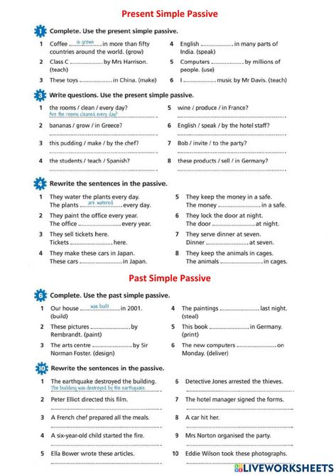 Passive Voice Worksheet With Answers, Passive Exercises, Passive Worksheet, Passive Voice Exercises, Passive Voice Worksheet, Language Acquisition Theories, English Liveworksheet, Tense Structure, English Grammar Notes