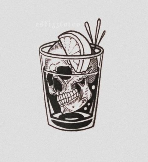 Skull Drink Tattoo, Bartending Tattoos Ideas, Shot Glass Tattoo Ideas, Traditional Geometric Tattoo, Bic Lighter Tattoo, Whisky Glass Tattoo, Alcoholic Tattoo, Alcohol Tattoo Ideas, Drinking Tattoos