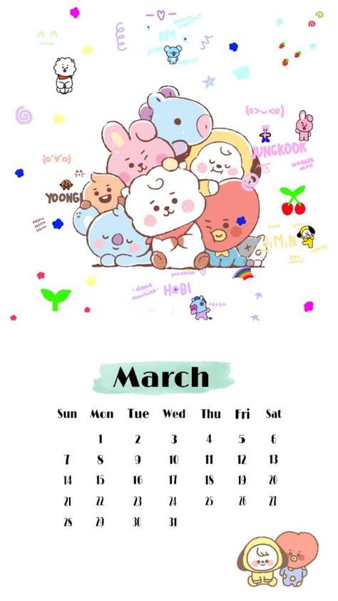 Bts Calendar, Scrapbook Bullet Journal, March Calendar, Calendar Background, Cute Note, Backgrounds For Your Phone, Cute Calendar, Sea Wallpaper, Bts Bt21