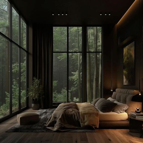 Moody Forest Bedroom, Forest House Bedroom, Earthy Luxury Bedroom, Jungle Villa, Dark Bedroom Aesthetic, House Moving Tips, Dark Cozy Bedroom, Peaceful View, Home Color Palette