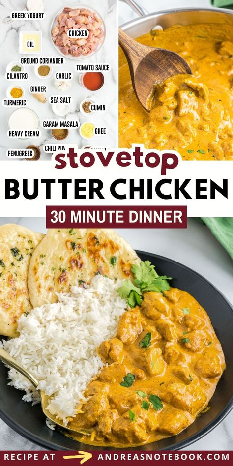 This easy stovetop butter chicken recipe is perfect for a flavorful and satisfying 30 minute weeknight dinner. Marinated chicken pieces are cooked in a creamy tomato-based sauce that is seasoned with aromatic spices and a touch of butter or ghee. This recipe comes together quickly on the stovetop and is perfect served with rice or naan bread. Impress your family and friends with this delicious, Indian-inspired dish that's sure to become a new favorite. Gluten-free and dairy-free variations ... Easy Cheap Food Recipes, Dinner Recipes Curry, Butter Chicken Easy Recipe, Creamy Butter Chicken Recipe, How To Eat Naan Bread, Ovenless Dinners, European Food Recipes, Butter Chicken Spices, Indian Butter Chicken Recipe