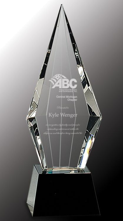 Our Spear Trophy features a flat faced crystal spear on a black crystal base with an engraving plate for personalization. This item also comes in a deluxe gift box! CRY033S is 9.5" tall, while the CRY033L is 11". Packaging Presentation, Face Crystals, Glass Awards, Crystal Awards, Recognition Awards, Awards Trophy, File Image, Crystal Prisms, Faceted Crystal