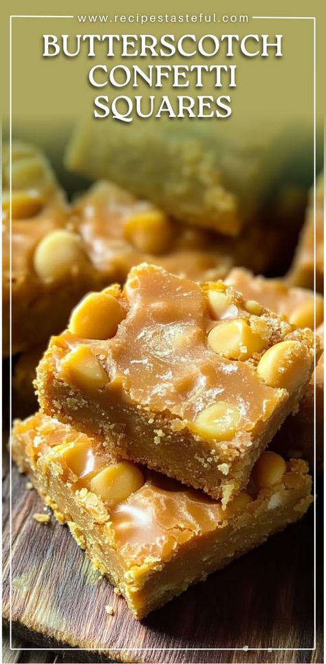 These festive and colorful Butterscotch Confetti Squares are a family favorite, especially during the holiday season. The creamy peanut butter and butterscotch chips blend perfectly with colorful mini marshmallows, creating a sweet, chewy, and indulgent treat that everyone will love. Butterscotch Marshmallow Squares, Butterscotch Squares Recipe, Recipes With Butterscotch Chips, Peanut Butter Marshmallow Bars, Confetti Squares, Marshmallow Bars, Peanut Butter Marshmallow, Butterscotch Chips, Snack Foods