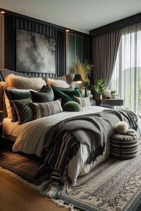 Dark Green Romantic Bedroom, Dark Green Forest Bedroom, Grey And Dark Green Bedroom, Havana Bedroom, Main Bedroom Ideas Master Suite, Guest Bedroom Ideas Cozy Modern, Dark Green Bedroom, Room Decor Ideas Bedroom, Bedroom Decor Minimalist