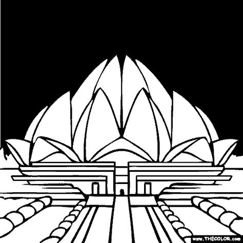 Lotus Temple - New Delhi, India coloring page Lotus Temple Painting, Monuments Of India Drawing, Lotus Temple Sketch, Lotus Temple Drawing, Monuments Drawing, Temple Drawing, Lotus Temple, Drawing Scenery, Colored Pictures