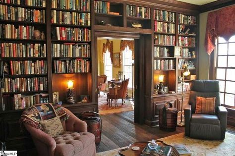 120 E Round Hill Rd, Greenville, SC 29617 1920s Home Library, Staircase Books, Log Cabin Mansions, Dark Wood Floor, 1920s Home, Library Corner, 1950s Home Decor, Cabin Mansion, English Library