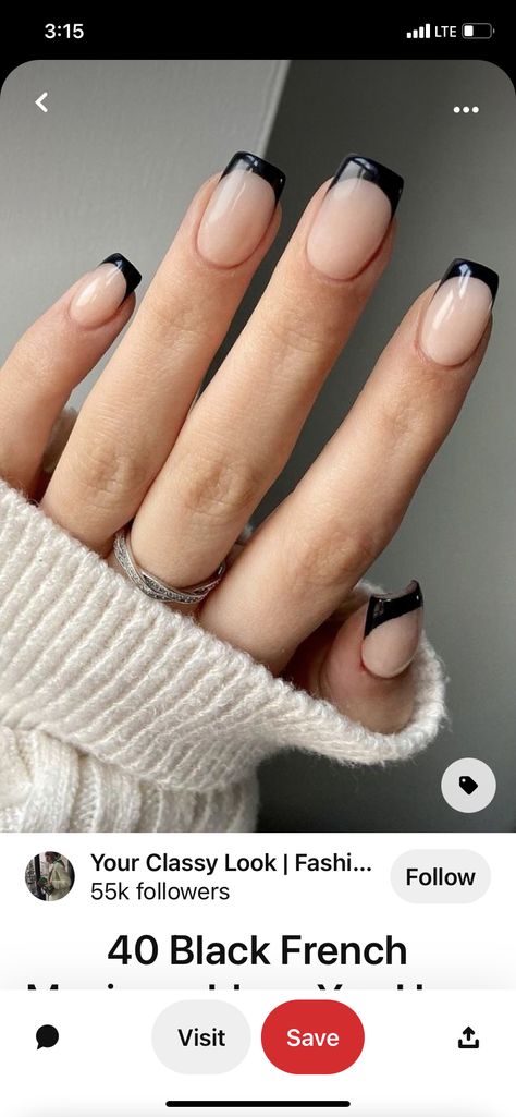 Nice Elegant Nails, Black And Gray Nails Short, Black And White Nails French Tips Square, Beige And Black French Nails, Clear Nails Black Tips, Cute Nails For A Black Dress, Black Easy Nails, Short Square Acrylic Nails Black Tips, Squoval Black French Tip Nails