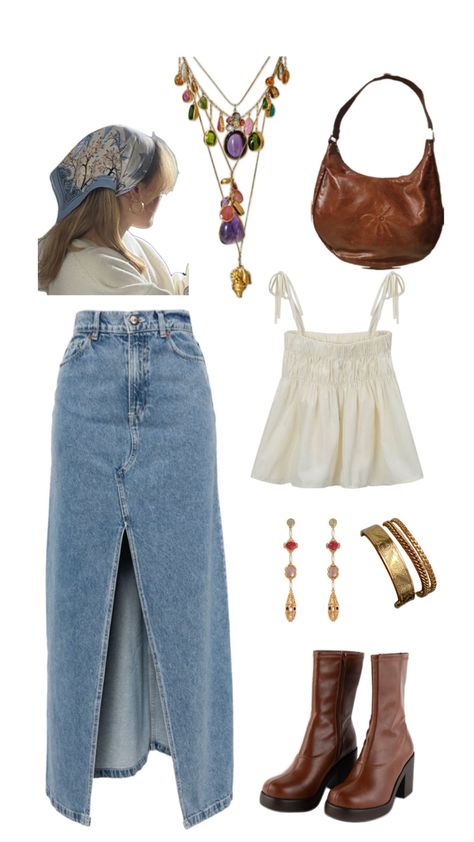 summer outfit inspo, jean skirt, aesthetic, bandana outfit, summer outfit, colorful jewelry Jean Skirt Aesthetic, Bandana Outfit Summer, Aesthetic Bandana, Winter Outfit Ideas For Women, Comfy Things, Bandana Outfit, Skirt Aesthetic, Denim Skirt Outfits, Winter Outfit Ideas