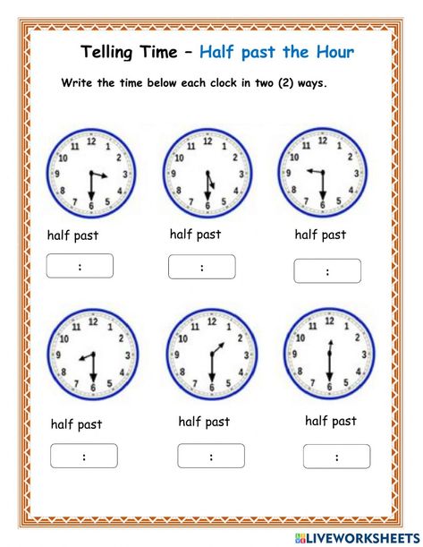 Reading the analogue and digital clock as half past the hour online worksheet for Grade 3. You can do the exercises online or download the worksheet as pdf. Maths Clock, Math Clock, Clock Worksheets, Clock Face Printable, Candy Coloring Pages, Telling Time Worksheets, Time To The Hour, Worksheets For Grade 3, Time Worksheets