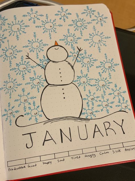 A snowy day and a snow person in January to help you track your mood every day. Choose your own mood/emotions and pick a colour for each one. Colour it in with the mood from the day or more then one emotion you felt during the day. Monthly Mood Tracker January, Snowman Drawing Aesthetic, Snow Mood Tracker, Bujo January Mood Tracker, December Mood Tracker Bullet Journal, Snowflake Mood Tracker, Winter Mood Tracker, Snowflake Bullet Journal, January Bullet Journal Mood Tracker