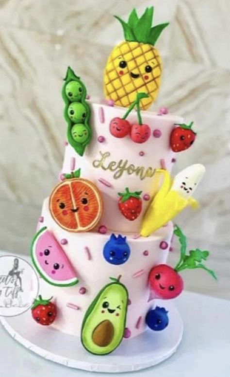 Dancing Fruit Birthday Cake, Dancing Fruit Cake, Hey Bear Cake, Hey Bear Sensory Birthday Party, Planning 1st Birthday Party, Dancing Fruit, Hey Bear, Fruit Birthday Cake, Fruit Cake Design