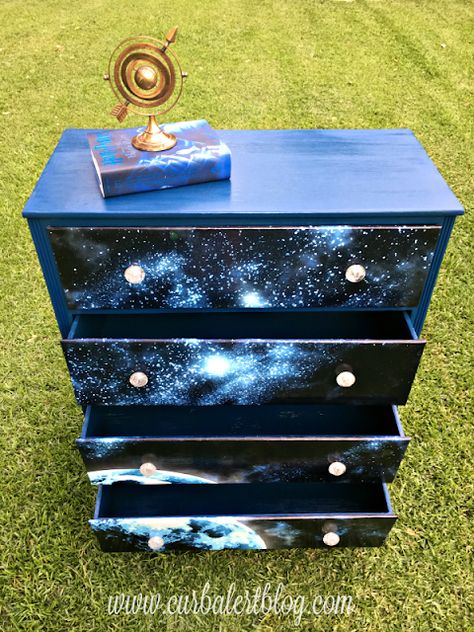 Georgia Harbridge, Galaxy Bedroom, Galaxy Room, Galaxy Decor, Space Themed Bedroom, Space Themed Room, Diy Galaxy, Diy Dresser Makeover, Decoupage Wood