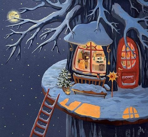 Houses Art, Storybook Art, Christmas Illustrations, Fairy Tree, Winter Illustration, Illustration Ideas, Tree Houses, Old Disney, Fairytale Art