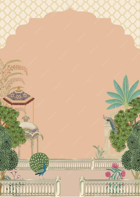 Premium Vector | Mughal garden with peacock and palace vector pattern for wallpaper Mughal Garden Illustration, Pichwai Wedding Invitation, Mughal Background, Pichwai Elements, Flex Backdrop, Creative Wedding Invitations Design, Mughal Garden, Peacock Vector, Digital Invitations Design