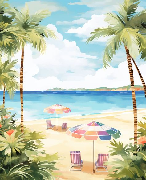 cartoon illustration for adults, travel themed, a beach scene with umbrellas and palm trees, pastel colours as if painted by water colour Beach Wedding Illustration, Beach Theme Illustration, Goa Culture Illustration, Beach Scene Illustration, Goa Watercolor Painting, Beach Illustration Background, Cartoon Beach Scene, Beach Umbrella Illustration, Wedding Background Wallpaper