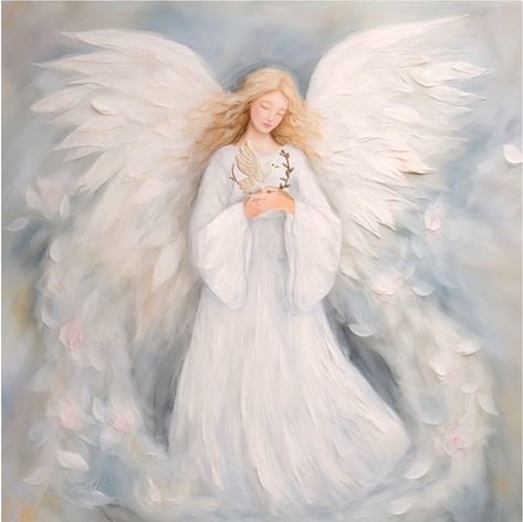 Heavenly Vision A Gateway to the World of Peace 🧚‍♀️🧚🧚‍♂️🪶🪶🧚‍♂️🧚🧚‍♀️🪶🪶 'Dove in hand, she stands, Serenity expands, Peace across the lands'. https://fineartamerica.com/featured/heavenly-vision-a-gateway-to-the-world-of-peace-olena-art-by-lena-owens.html An angelic figure with large white wings and a flowing robe, holding a dove against a backdrop of soft hues and falling petals or feathers. This serene artwork showcases an AngelicFigure with expansive WhiteWings and a FlowingWhiteRobe. The fi... Angel Prints, Angel Watercolor, Serene Artwork, Clover Craft, Angel Of Peace, Falling Petals, Watercolor Angel, Christmas Angel Crafts, Spiritual Images