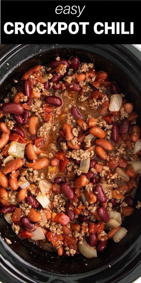 chili with beans and ground beef in a crockpot Chile Crockpot Recipes, Old Fashioned Chili Recipe Crock Pot, 3 Bean Crockpot Chili, Slow Cooker 3 Bean Chili, Cowboy Chili Beans Recipe, 3 Meat Chili Recipe Crockpot, Chilling Beans Recipe, Chili With Potatoes Crock Pot, 3 Bean Chili Recipe Crockpot