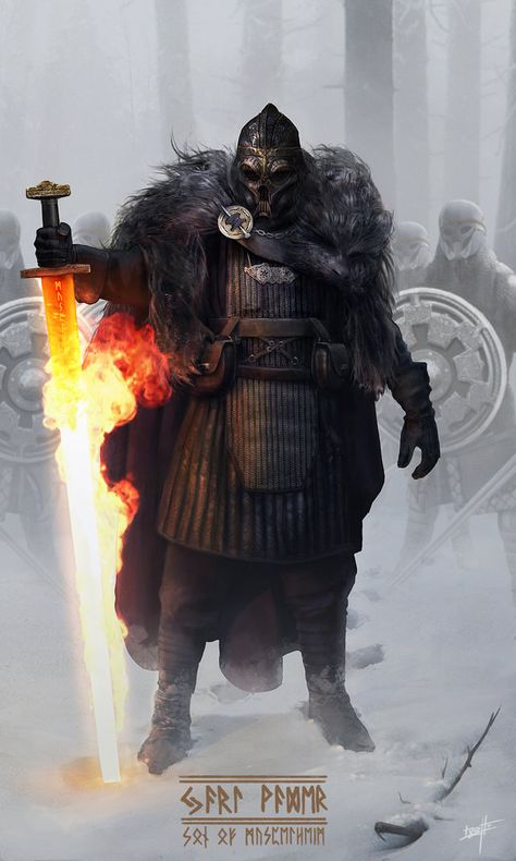 Runes say: "Jarl Vader, Son of Muspelheim"  Muspelheim is the first world, made by fire and glowing heat and guarded by the Fire-Jotun Surt according to Norse mythology. Male Character, Viking Art, Wow Art, Fantasy Armor, Fantasy Warrior, Armor Concept, Arte Fantasy, 판타지 아트, Fantasy Rpg