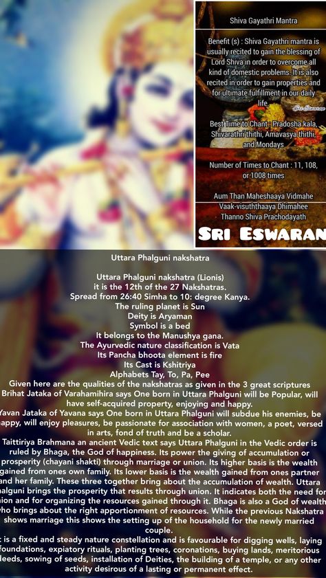 Uttara Phalguni nakshatra  Uttara Phalguni nakshatra (Lionis) it is the 12th of the 27 Nakshatras. Spread from 26:40 Simha to 10: degree Kanya. The ruling planet is Sun Deity is Aryaman Symbol is a bed It belongs to the Manushya gana. The Ayurvedic nature classification is Vata Its Pancha bhoota element is fire Its Cast is Kshitriya Alphabets Tay, To, Pa, Pee Given here are the qualities of the nakshatras as given in the 3 great scriptures Brihat Jataka of Varahamihira says One born in Uttara Ph Uttara Phalguni Nakshatra, Sun Deity, Hindu Astrology, Birth Stones, Astrology Remedy, Gods And Goddesses, Science And Nature, Thing 1 Thing 2, The 3