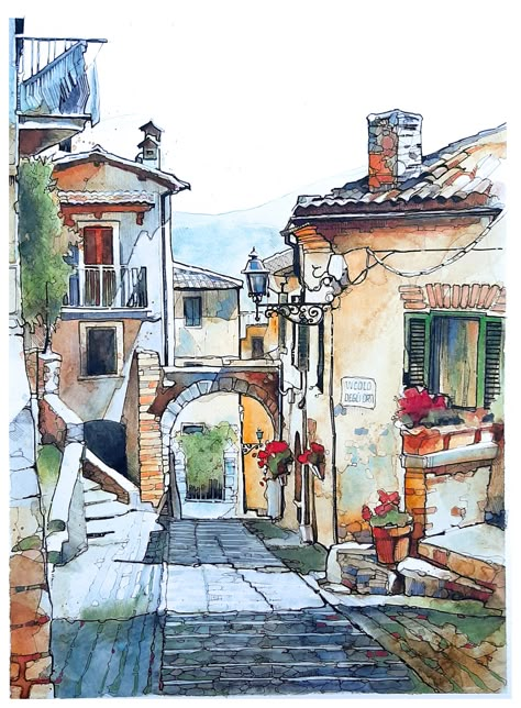 Casperia - another one :: Behance Houses Inspiration, Watercolor Houses, Hilarious Dogs, Watercolor House Painting, Learning Art, Watercolor Scenery, Watercolor Architecture, Diy Watercolor Painting, Architecture Drawing Art