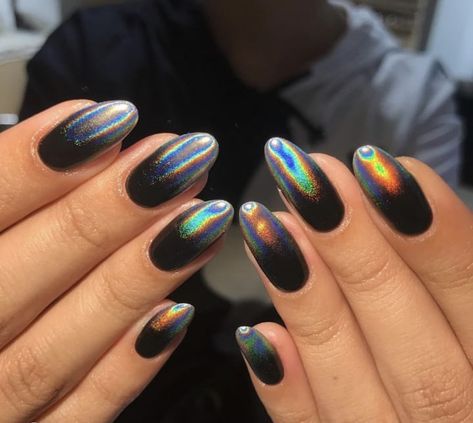 Holo Black Nails, Black Oil Slick Nails, Black Chrome Glitter Nails, Irredescent Nails Black, Black Chrome Powder Nails, Black Rainbow Chrome Nails, Dark Opal Nails, Black Chrome Dip Nails, Black Hologram Nails