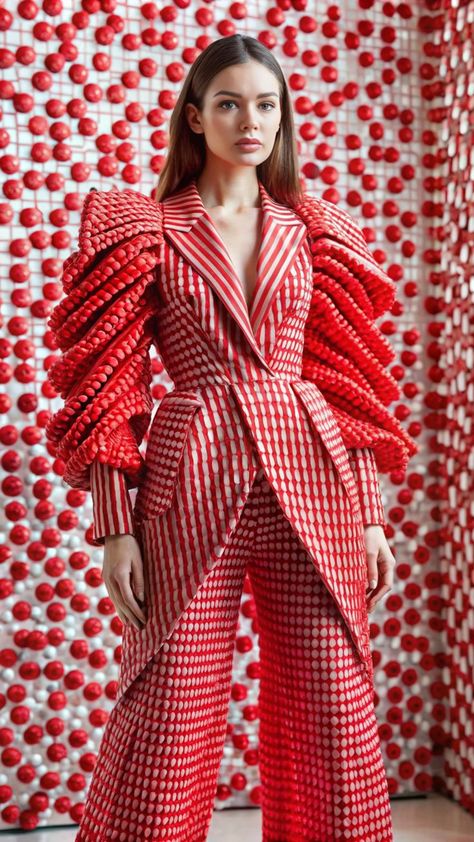 A model stands confidently in a red, avant-garde couture outfit with textured sleeves and a structured silhouette, creating a bold and modern look against a backdrop of red and white dots. High Fashion Couture Avant Garde, Avant Garde Fashion Couture, Red Couture, Fashion Editorial Layout, Structural Fashion, Breaking Boundaries, High Fashion Couture, Afrocentric Fashion, Shweshwe Dresses