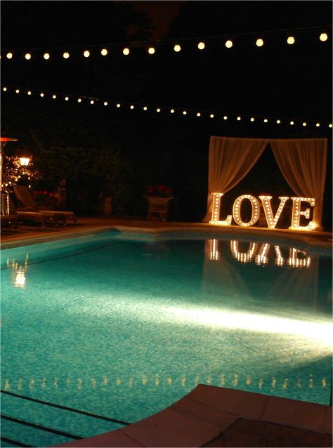 Wedding Swimming Pool Decoration, Pool Wedding Party, Pool House Party, Wedding Pool Party Decorations, Ibiza Pool, Chewton Glen, Ibiza Pool Party, Pool Wedding Decorations, Fairy Light Backdrops