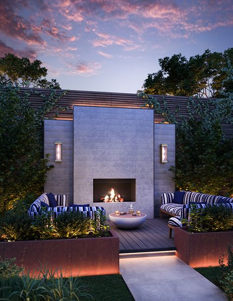 Modern Outdoor Seating Area, Modern Outdoor Fireplace, Patio Images, Modern Fireplaces, Modern Outdoor Spaces, Outdoor Fireplace Designs, Backyard Fireplace, Patio Interior, Patio Lighting